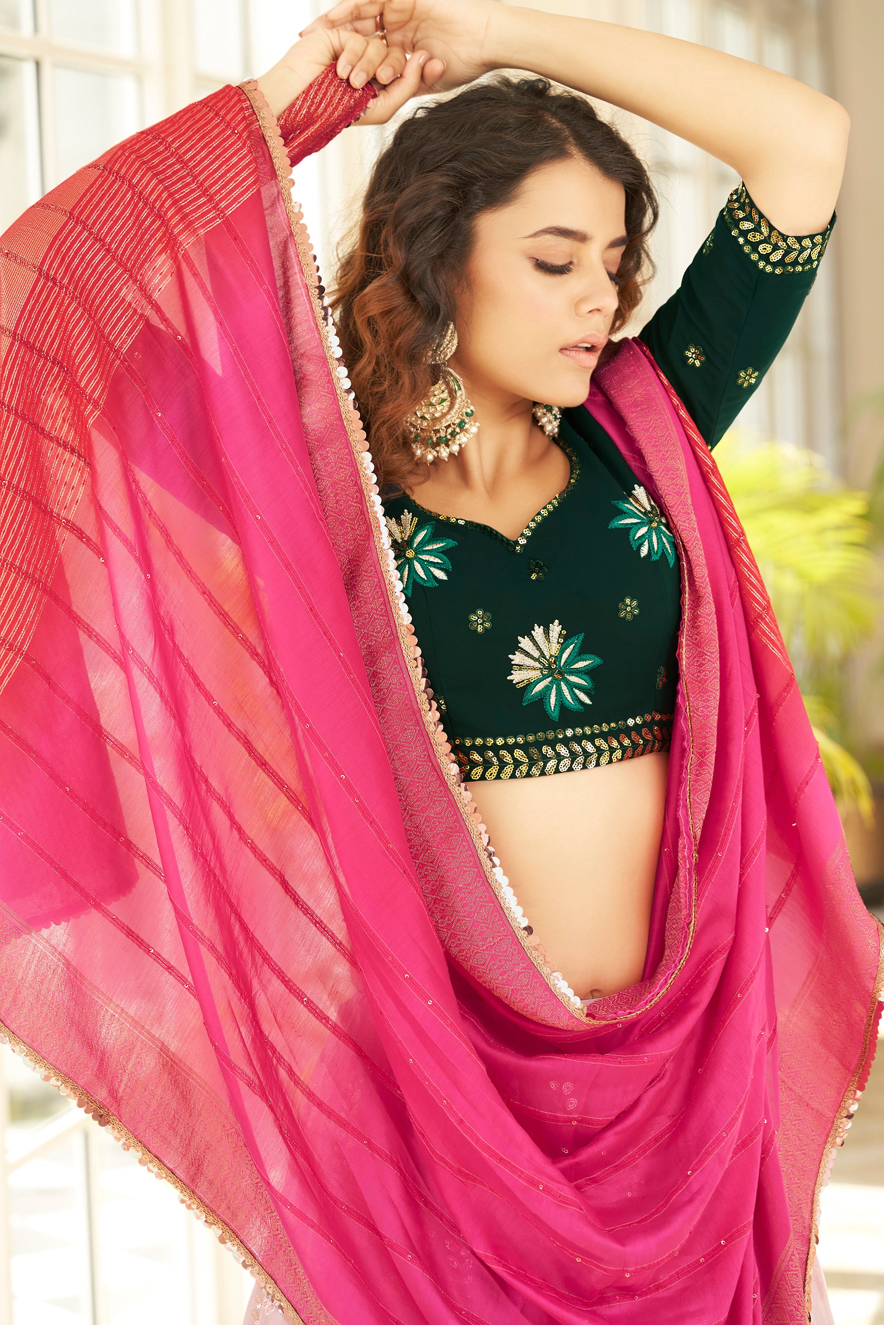 Women's Dusty Pink Georgette Thread With Sequince Embroidered With All Over Stone Pasting Lehenga Set - Shubhkala