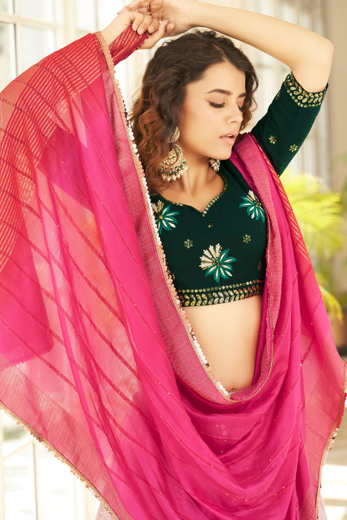 Women's Dusty Pink Georgette Thread With Sequince Embroidered With All Over Stone Pasting Lehenga Set