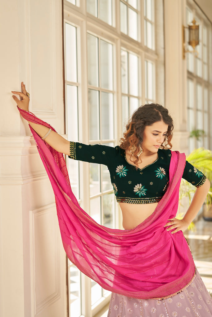 Women's Dusty Pink Georgette Thread With Sequince Embroidered With All Over Stone Pasting Lehenga Set