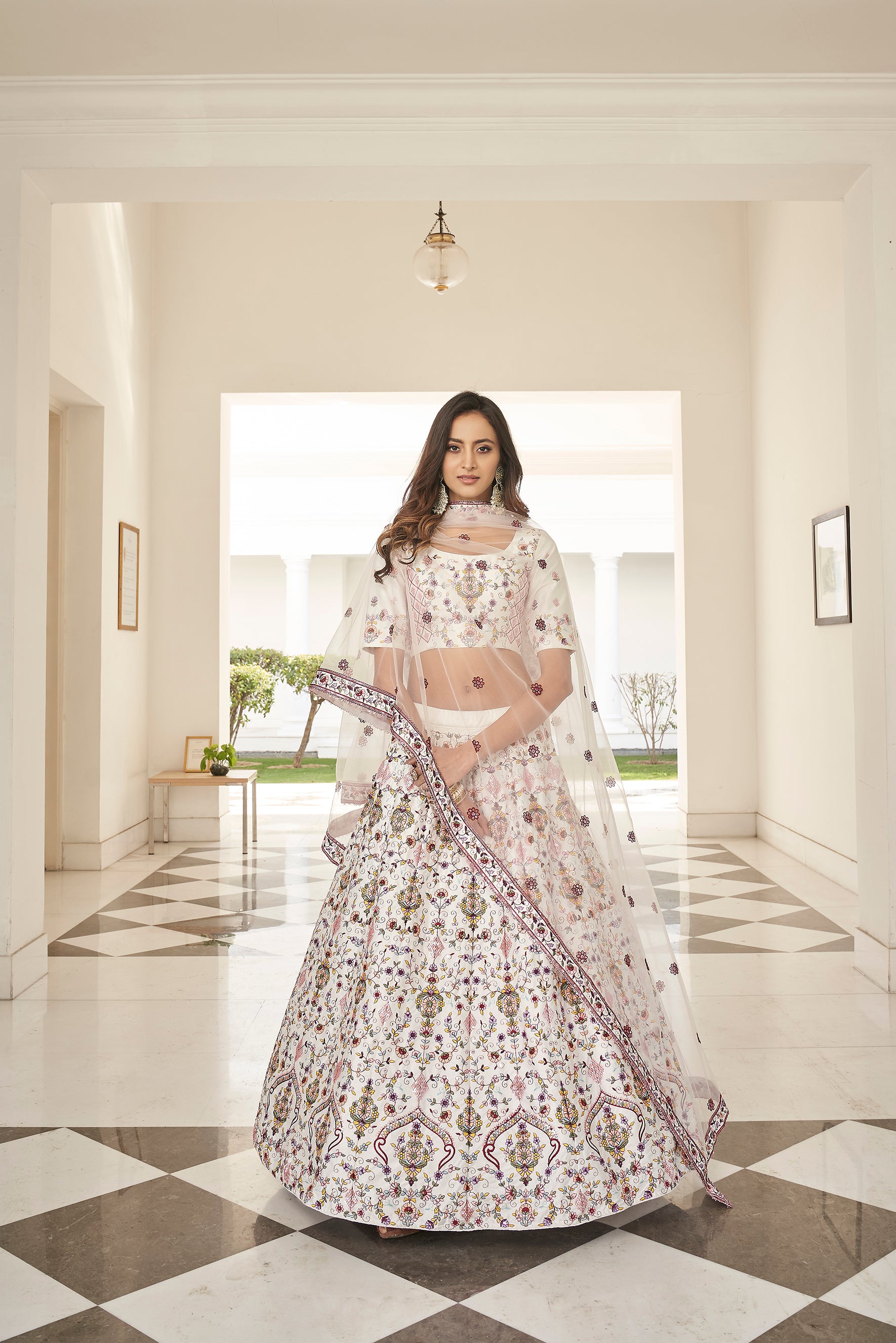 Women's White Silk Thread Embroidered Lehenga Set - Shubhkala