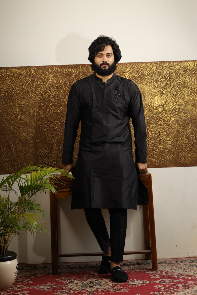 Men's Black Color Solid Black Reindeer Embroidered Kurta Dupion Silk