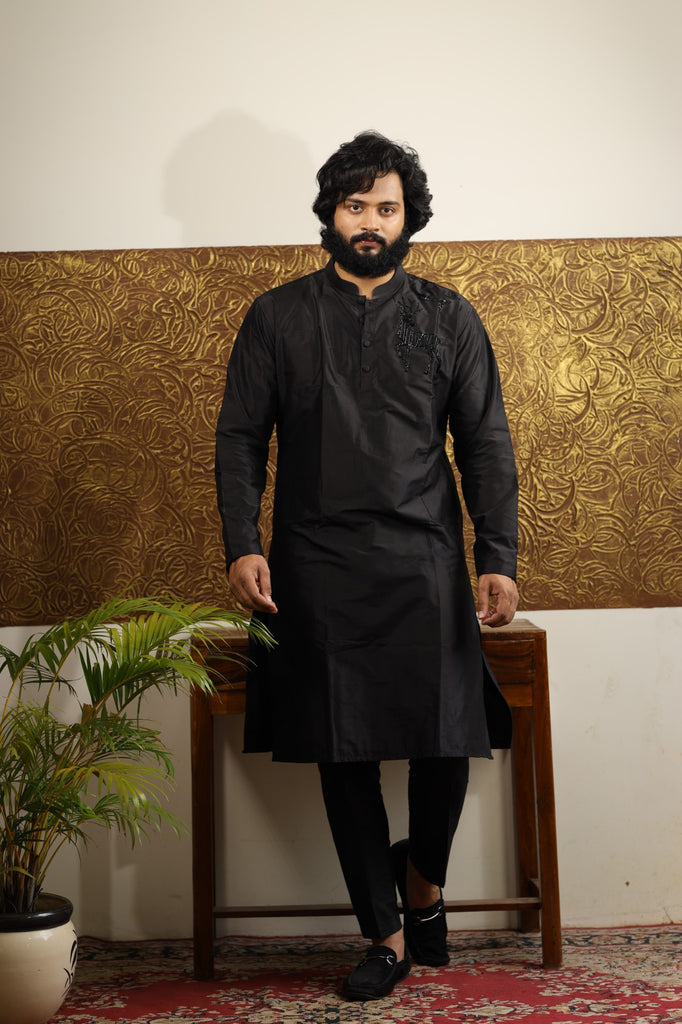 Men's Black Color Solid Black Reindeer Embroidered Kurta Dupion Silk