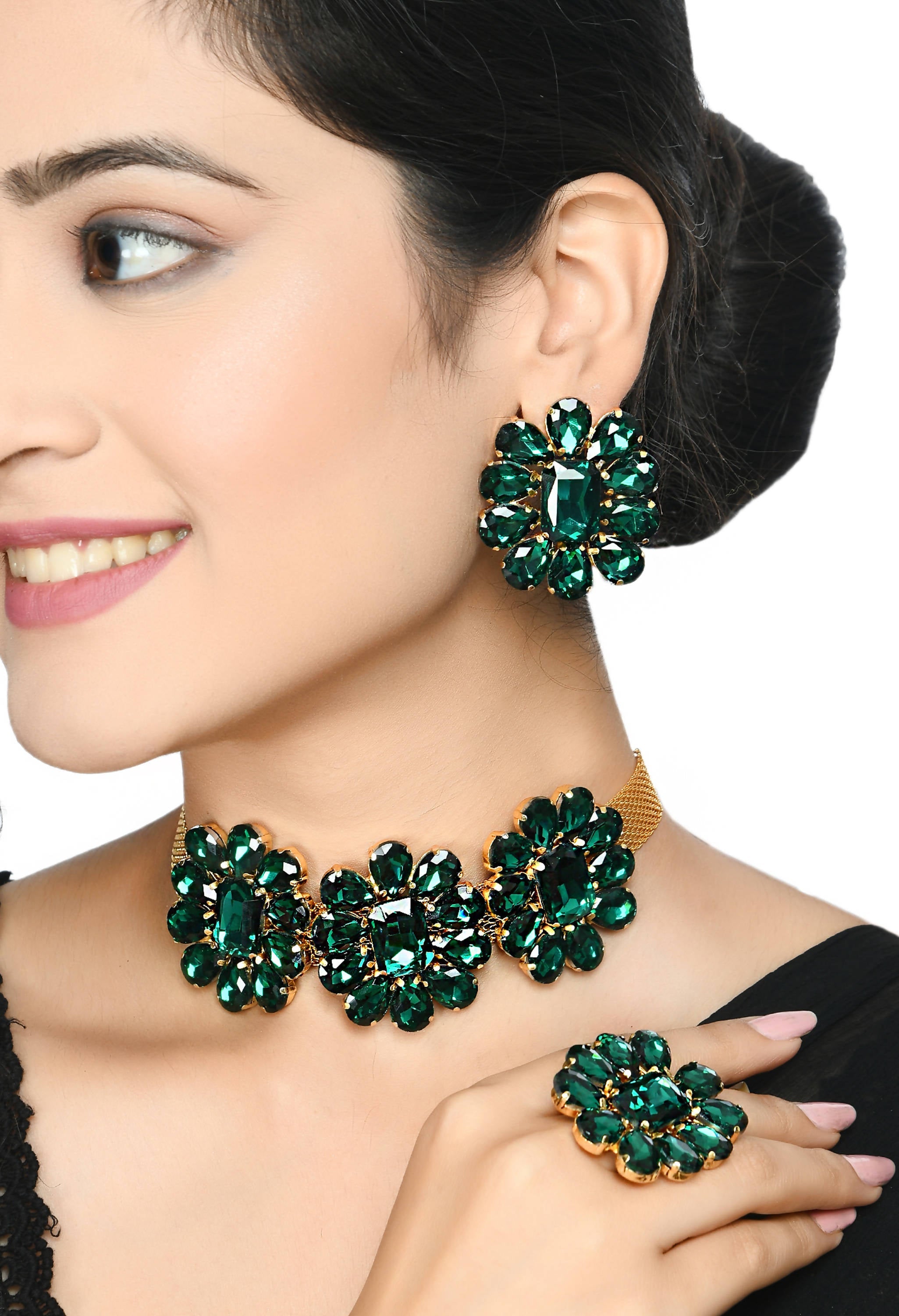 Women's  Designer Golden Plating Choker Set with Earrings and Ring Jkms_174