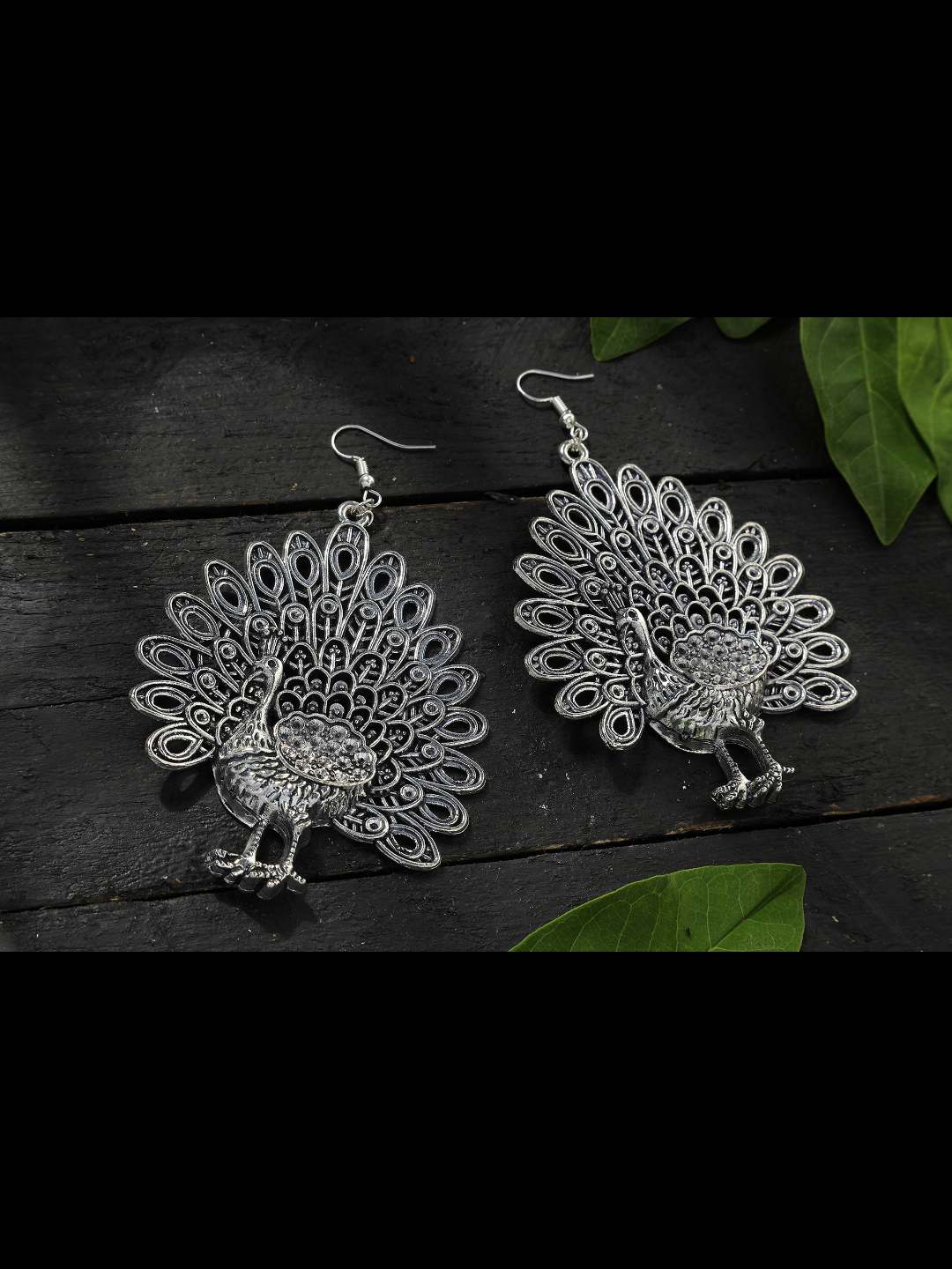 Johar Kamal Oxidised Peacock Design Earrings Jh