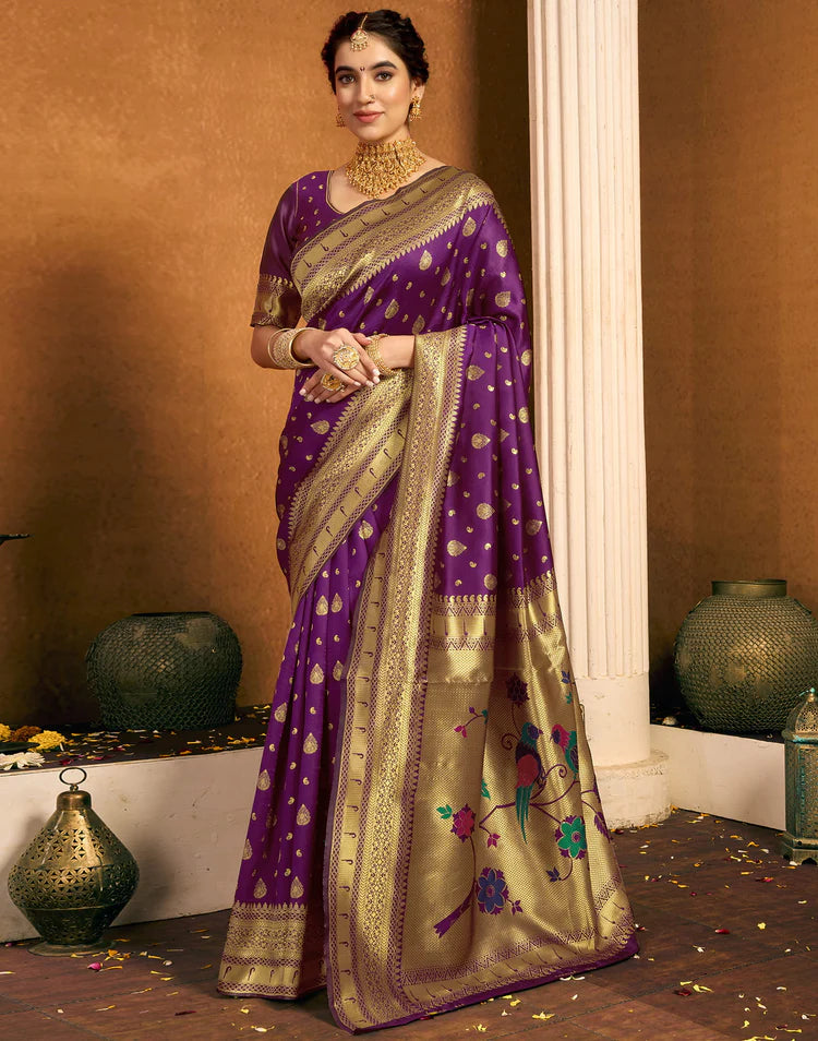 Women's Dark Purple Silk Woven (Weaving), Paithani Saree