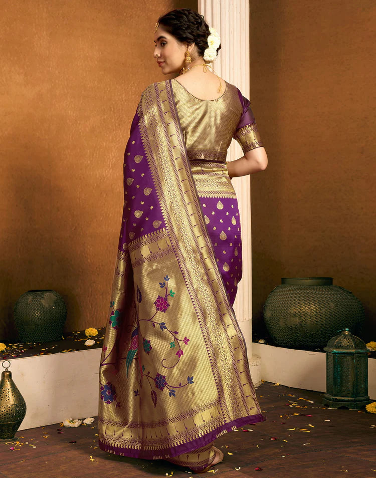 Women's Dark Purple Silk Woven (Weaving), Paithani Saree - Manohara