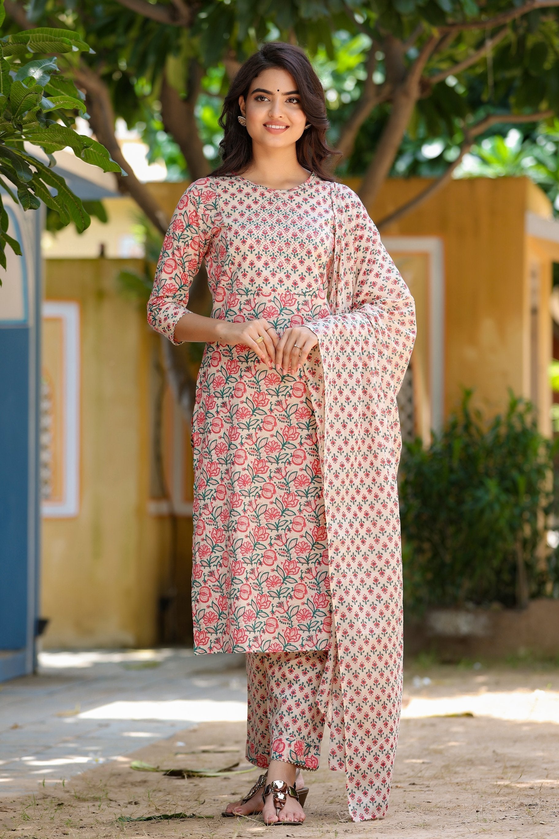 Women's Pink & Beige Handblock Printed Kurta Set