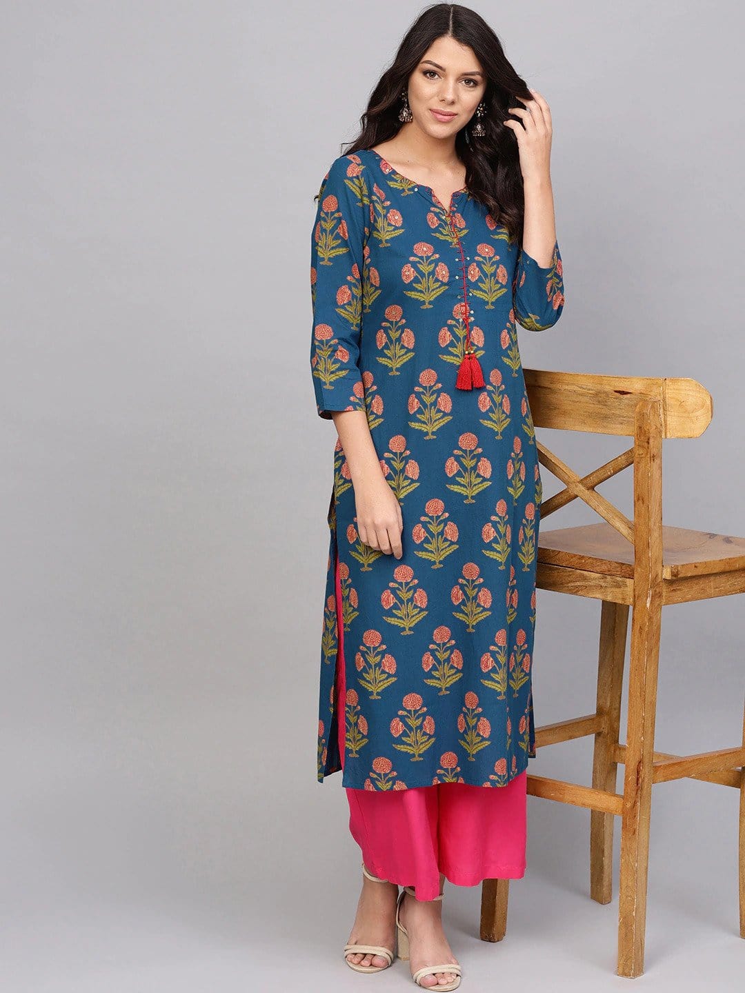 Women's Blue & Peach-Coloured Printed Straight Kurta