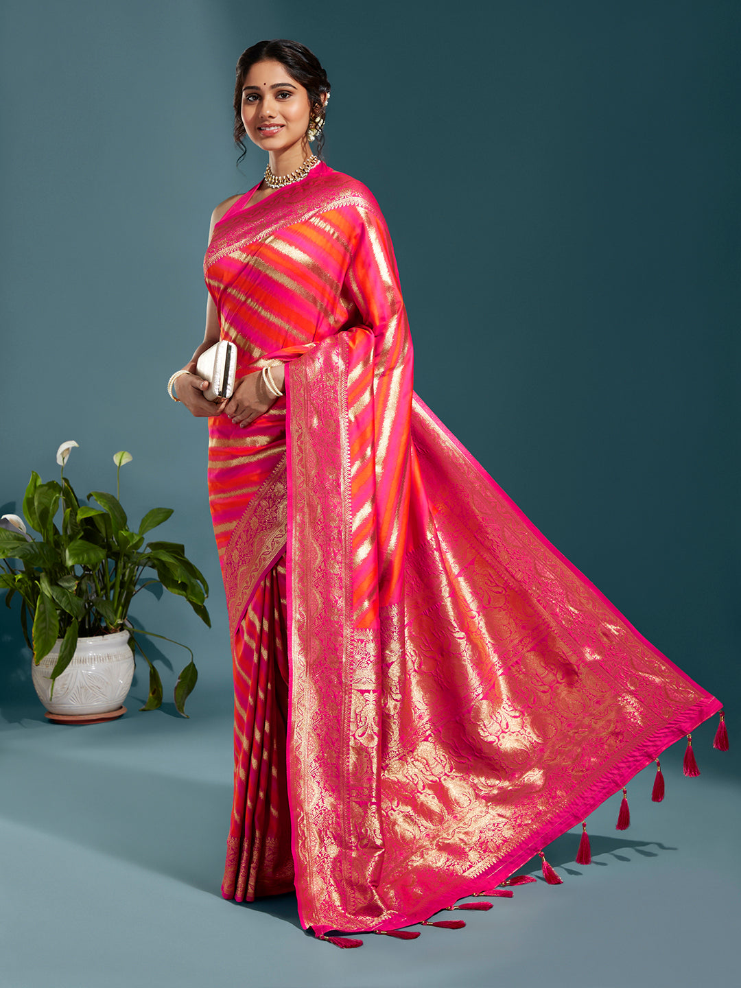 Women's Pink & Gold Satin Paisley Zari With Beautiful Leheriya Banarasi Saree - Royal Dwells