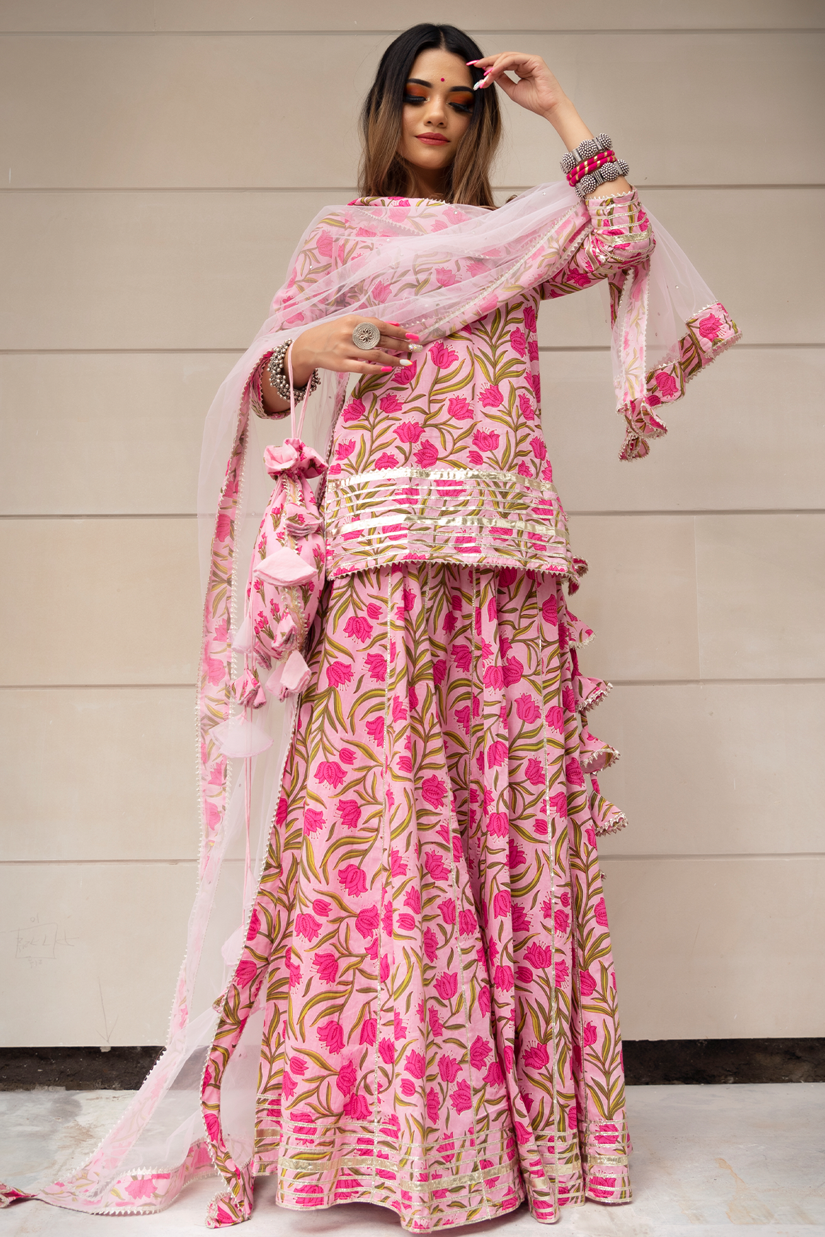 Women's Tulsi Pink Cotton Hand Block Skirt Set