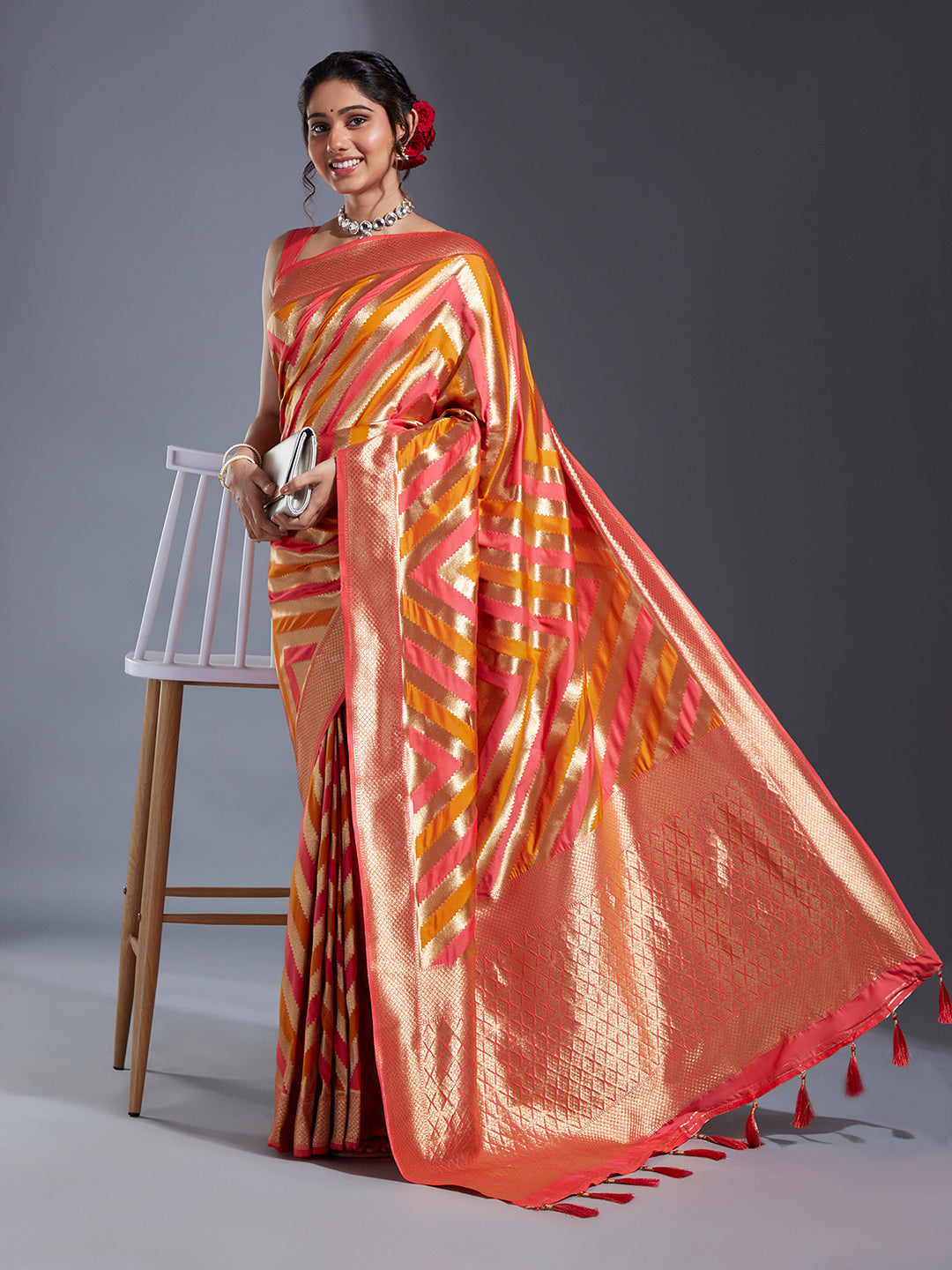 Women's Coral & Gold Satin Paisley Zari With Beautiful Leriya Banarasi Saree - Royal Dwells
