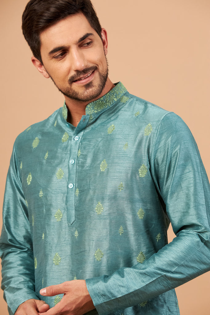 Men's Teal Color Two Motif Embroidered Kurta Semi Raw Silk Mix