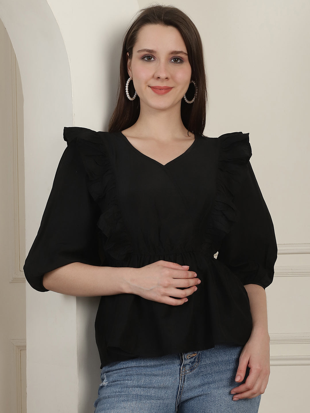 Women's Black Solid Women's Top With Frills - Taantav