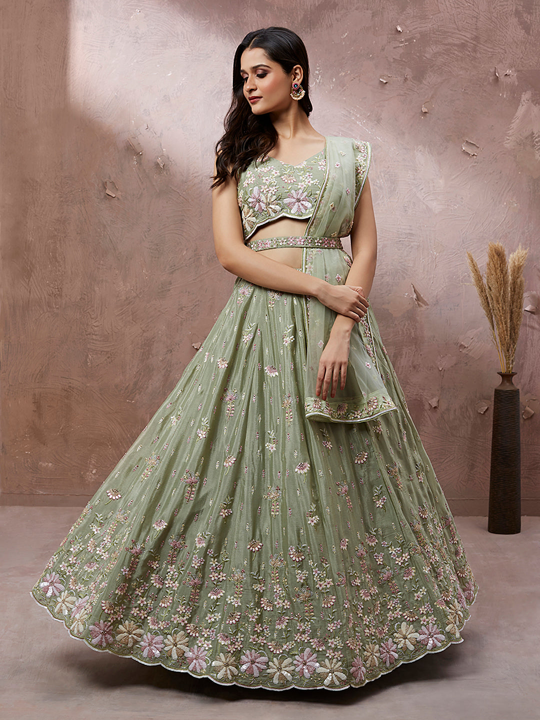 Women's Lime Green Pure Georgette Sequins With Heavy Zarkan Embroidery Ready To Wear  Lehenga Choli & Dupatta - Royal Dwells