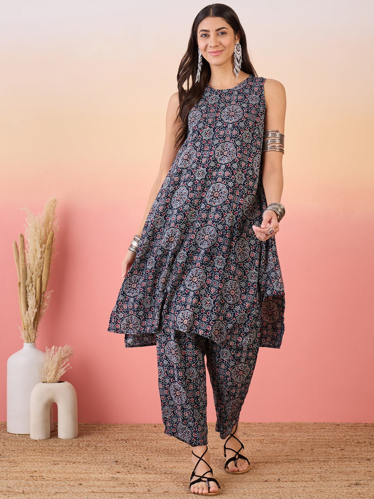 Women's Navy Maroon Ajrakh Foil Round Neck Kurta Pant Set