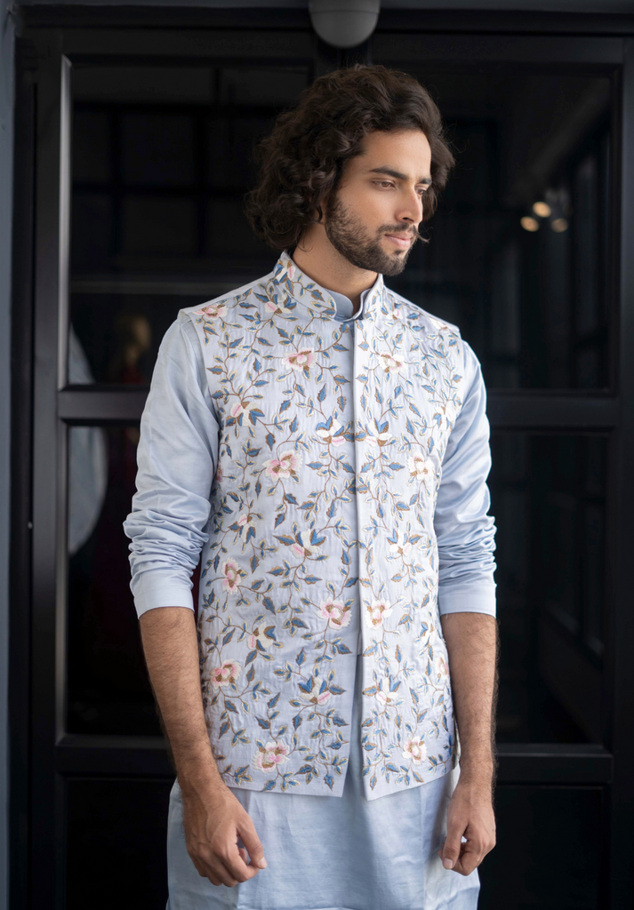 Men's Blue Color Jacket With Kurta Pant Set