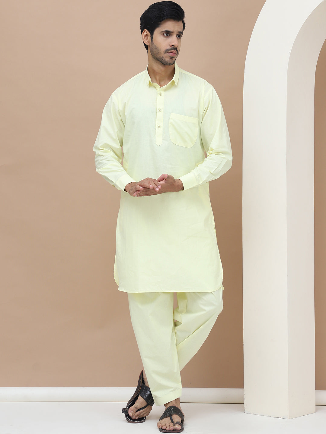 Men's  Lime Cotton Solid Kurta Set - Grage