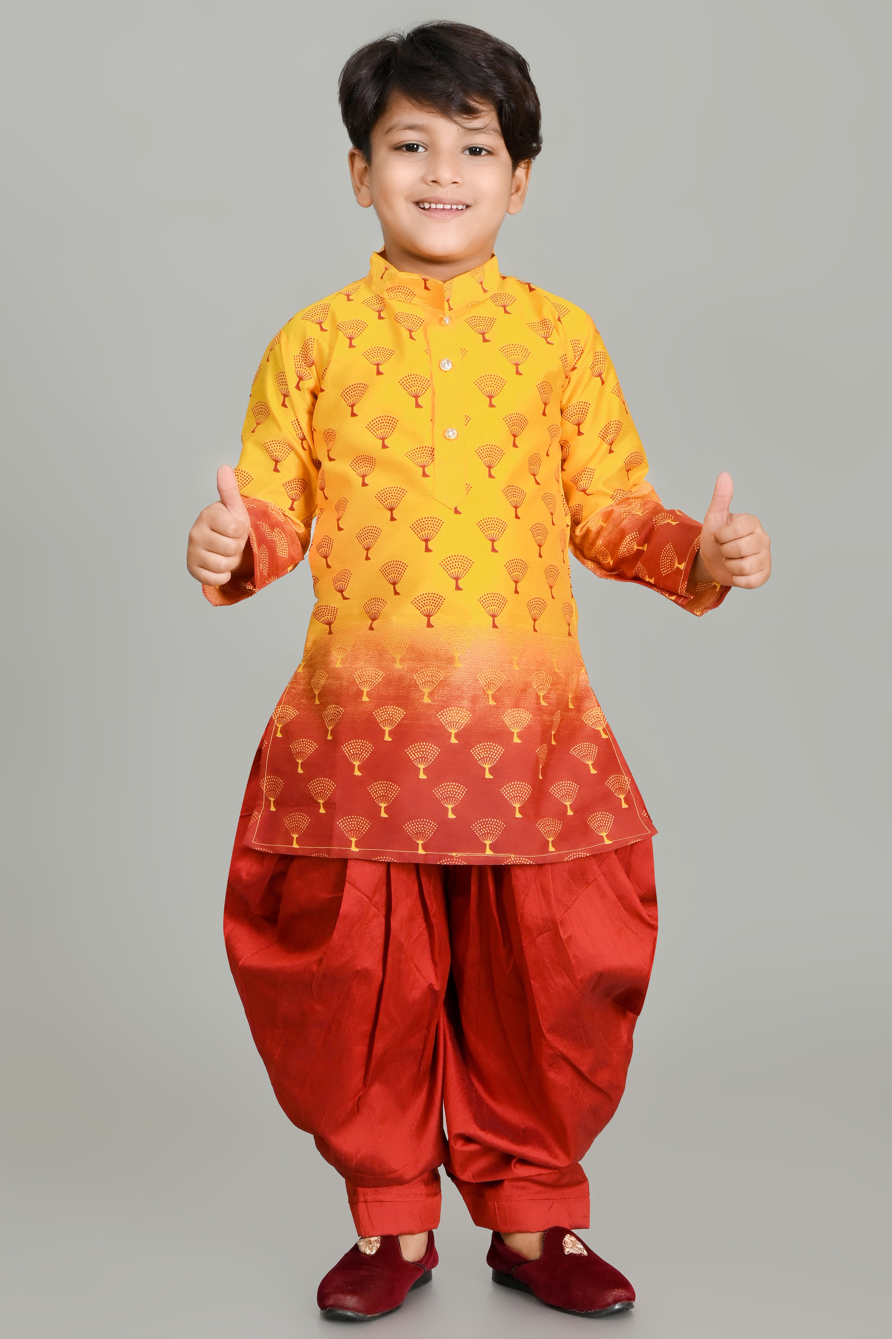 Boy's Dupion Silk Printed Kurta And Patiyala Set - Nfc Creation