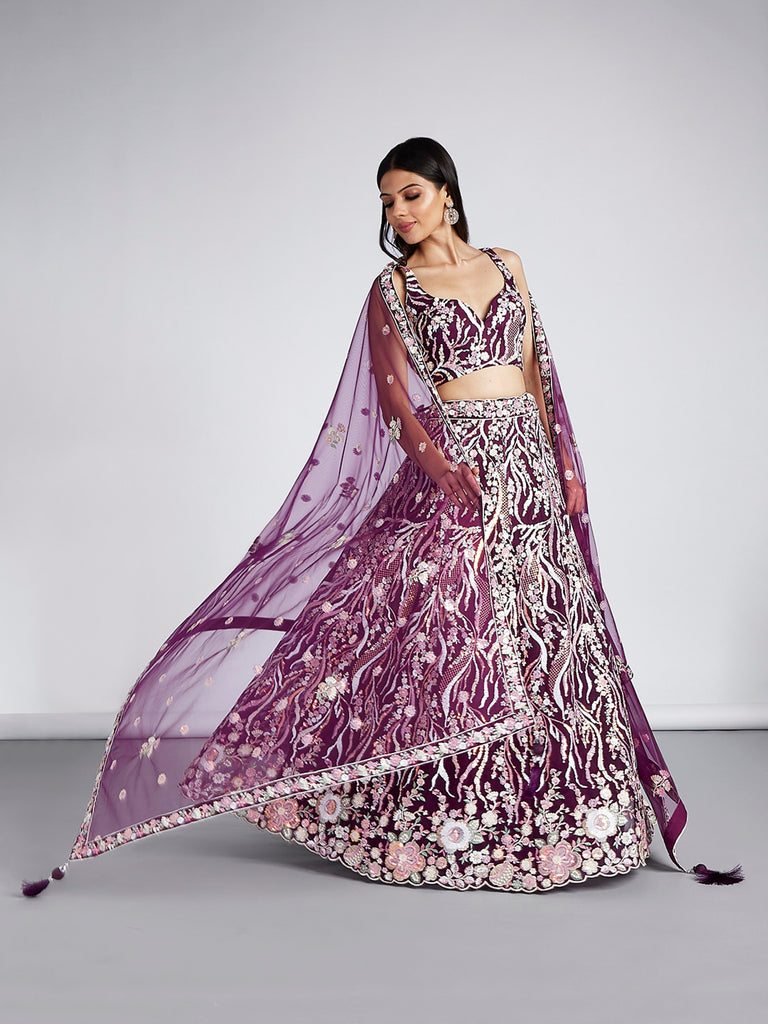 Women's Burgundy Net Sequins And Thread Embroidery Lehenga Choli & Dupatta