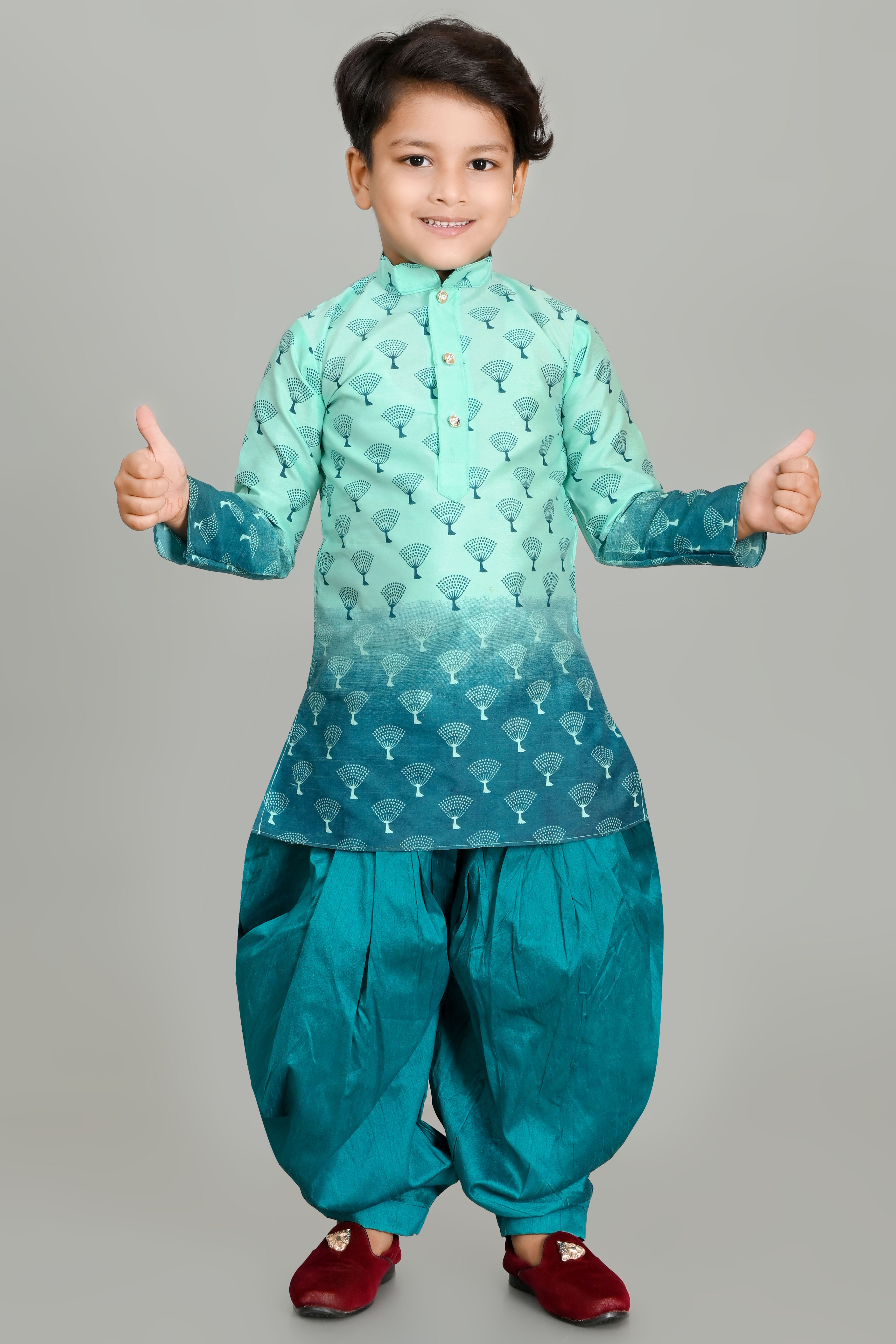 Boy's Dupion Silk Printed Kurta And Patiyala Set - Nfc Creation