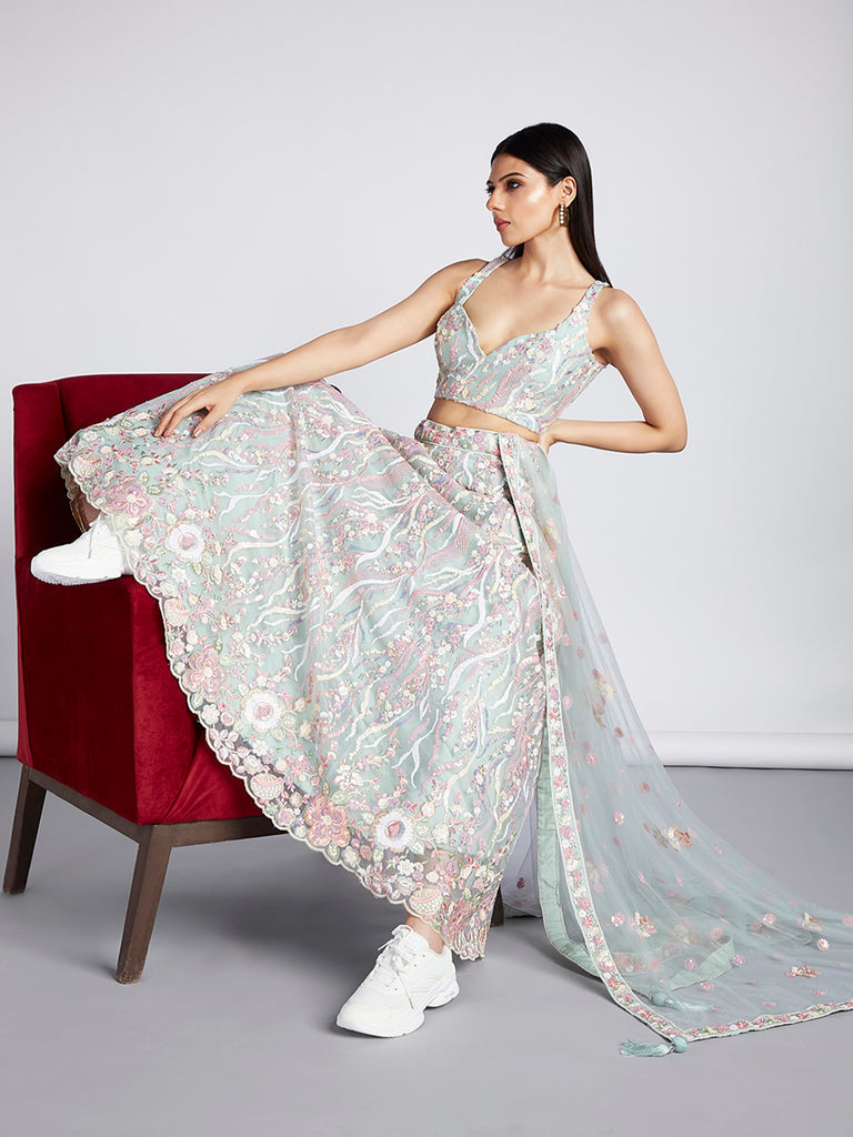 Women's Lime Green Net Sequins And Thread Embroidery Lehenga Choli & Dupatta