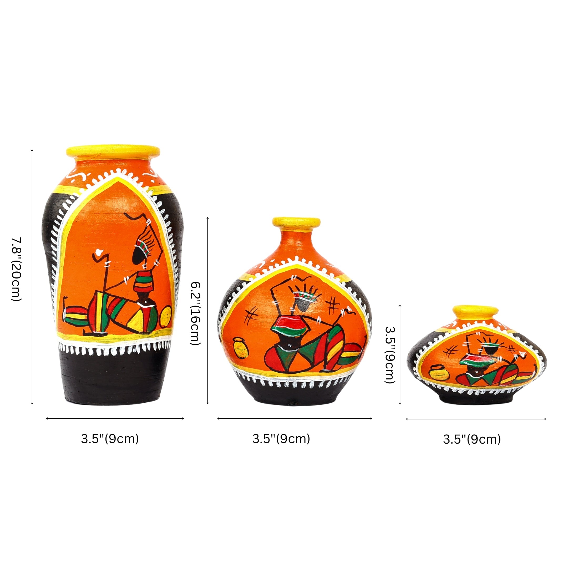 Handcrafted Black and Orange Terracotta Pots for Home Decor - Set of 3 - Warli Hand Painting - Natriel