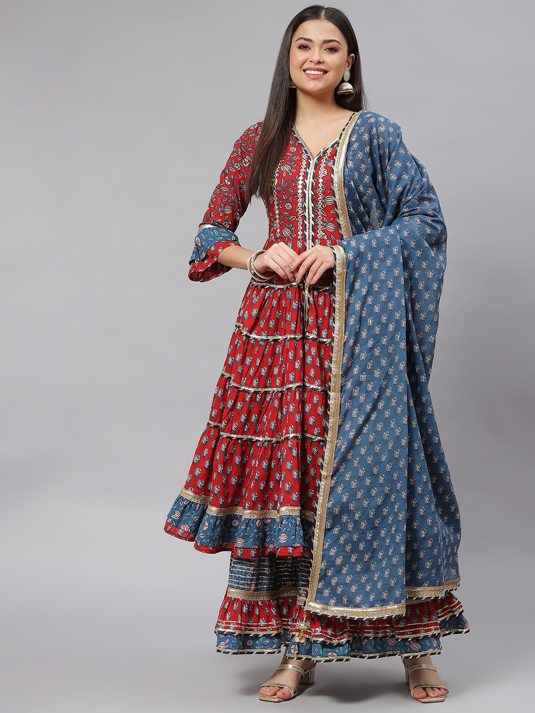 Women's Maroon & Blue Anarkali Kurta Sharara Set with Dupatta - Taantav