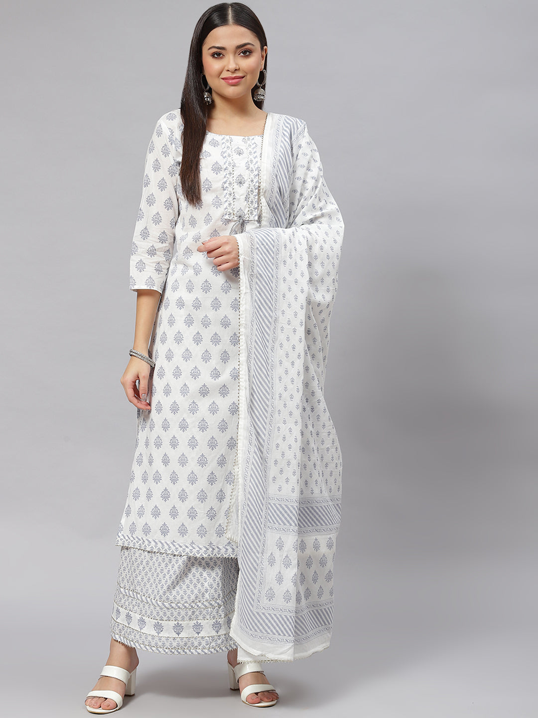 Women's White Floral Straight Kurta Palazzo Set with Dupatta - Taantav