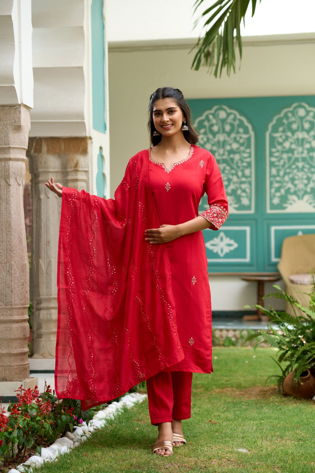 Women's V Neck Embroidered Work Soft Chanderi Fabric Kurta & Pant With Dupatta Set - Taantav