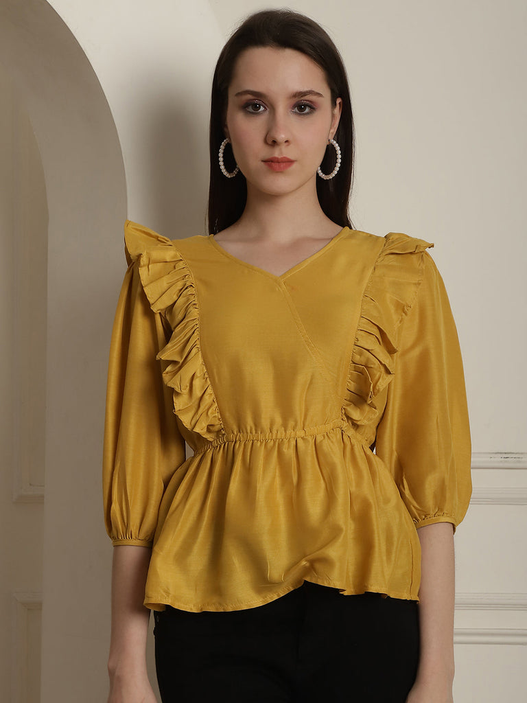Women's Black Solid Women's Top With Frills