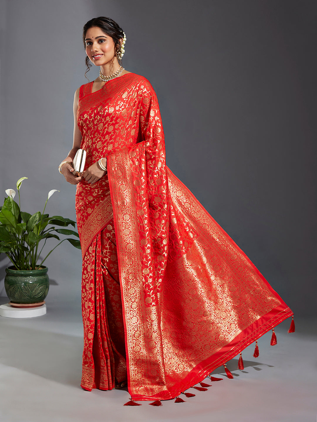 Women's Red & Gold Satin Paisley Zari With Beautiful Jaal Banarasi Saree - Royal Dwells