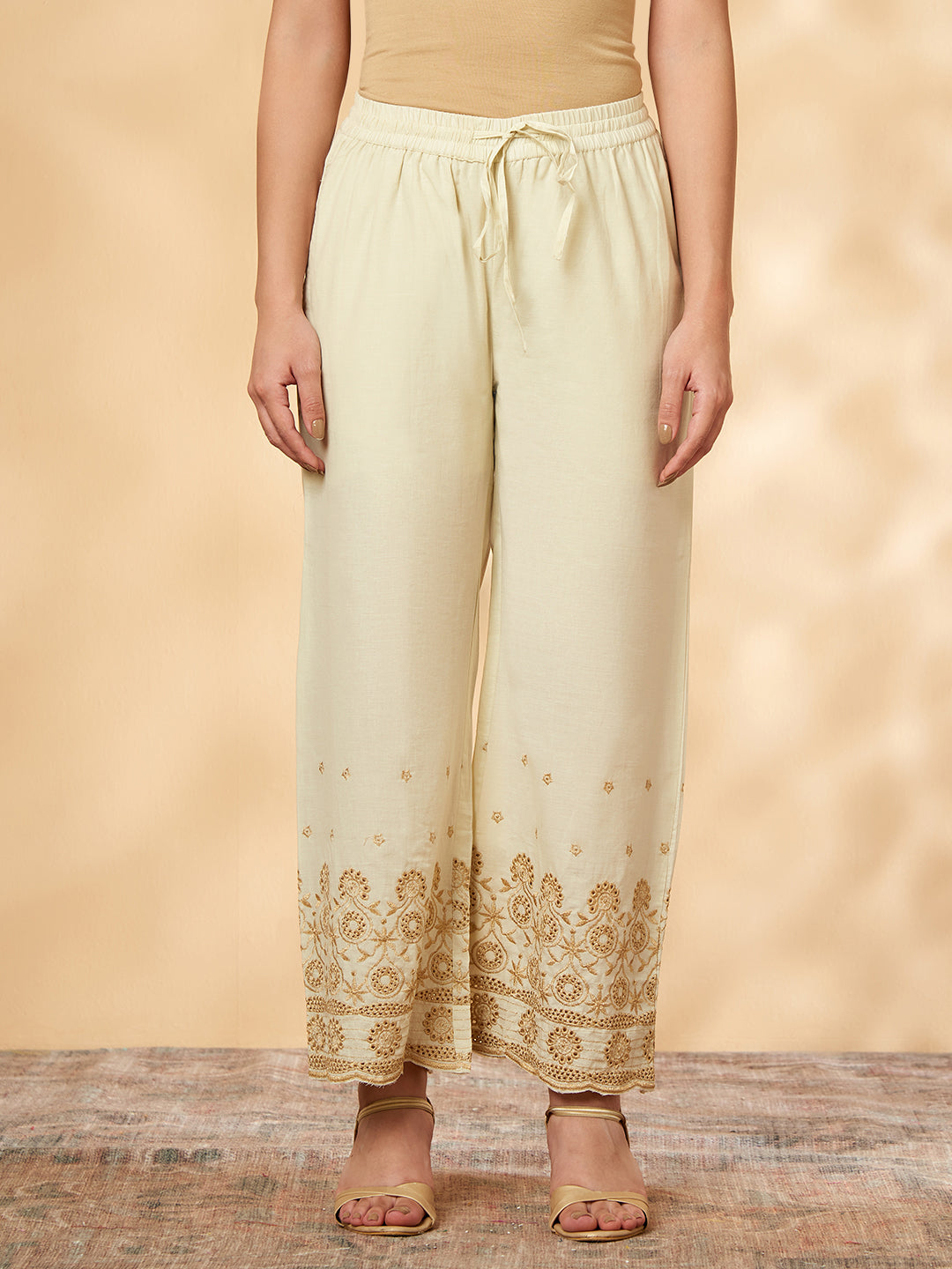 Women's Off-White Cutwork Flared Bottom