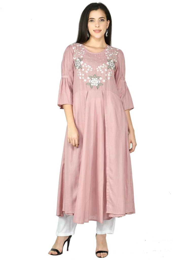 Women's Rose Gold Cotton Rayon Embroidery Kurta Set