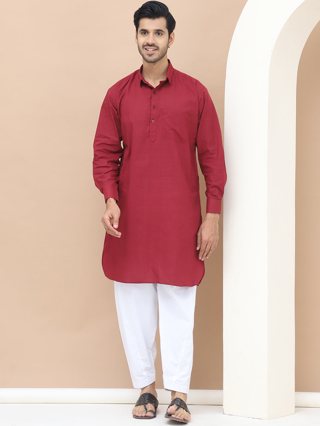 Men's  Maroon Cotton Solid Kurta Set - Grage