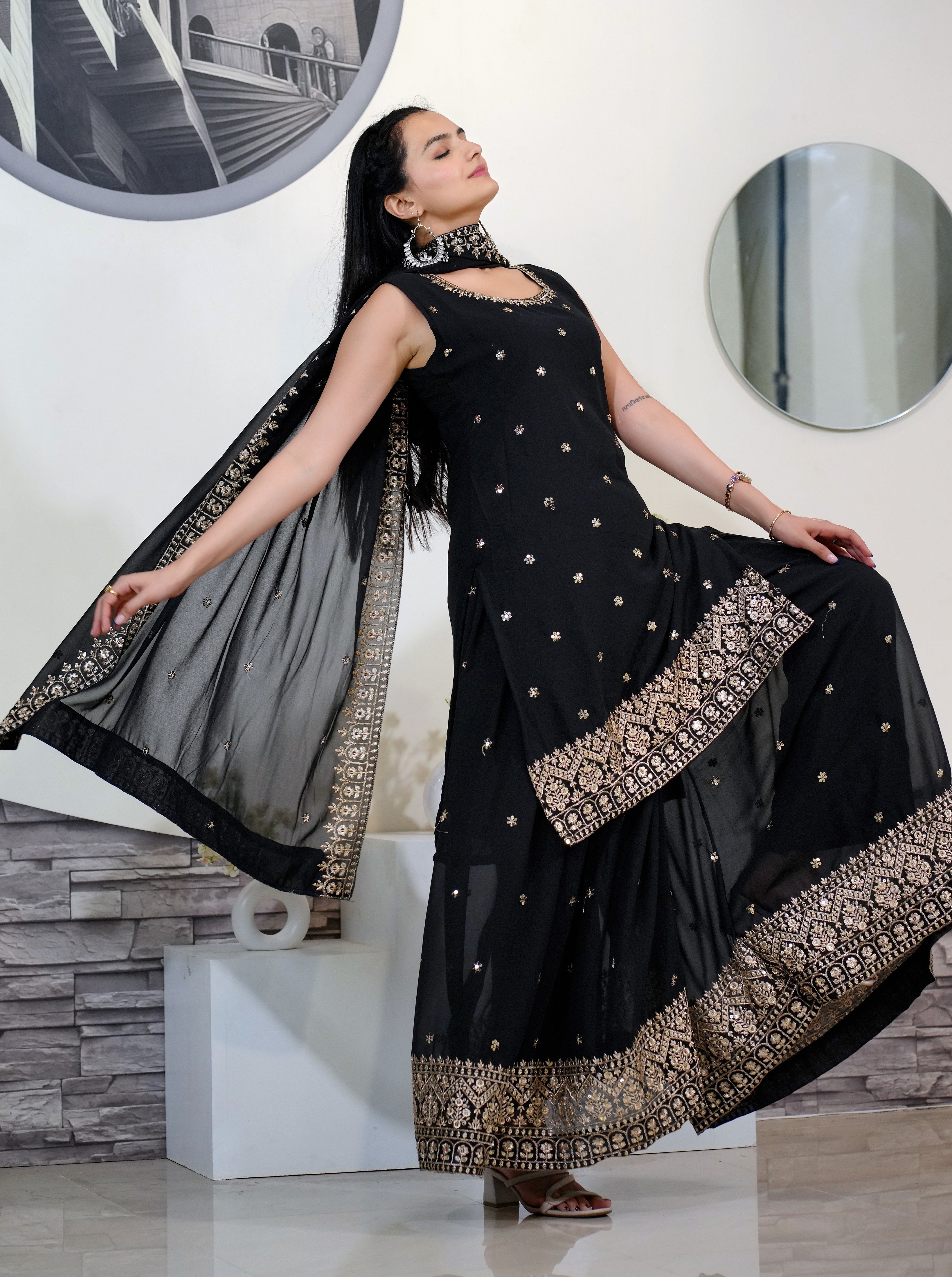 Women's Black Georgette Embroidery Sharara Set - Harvi Trendz