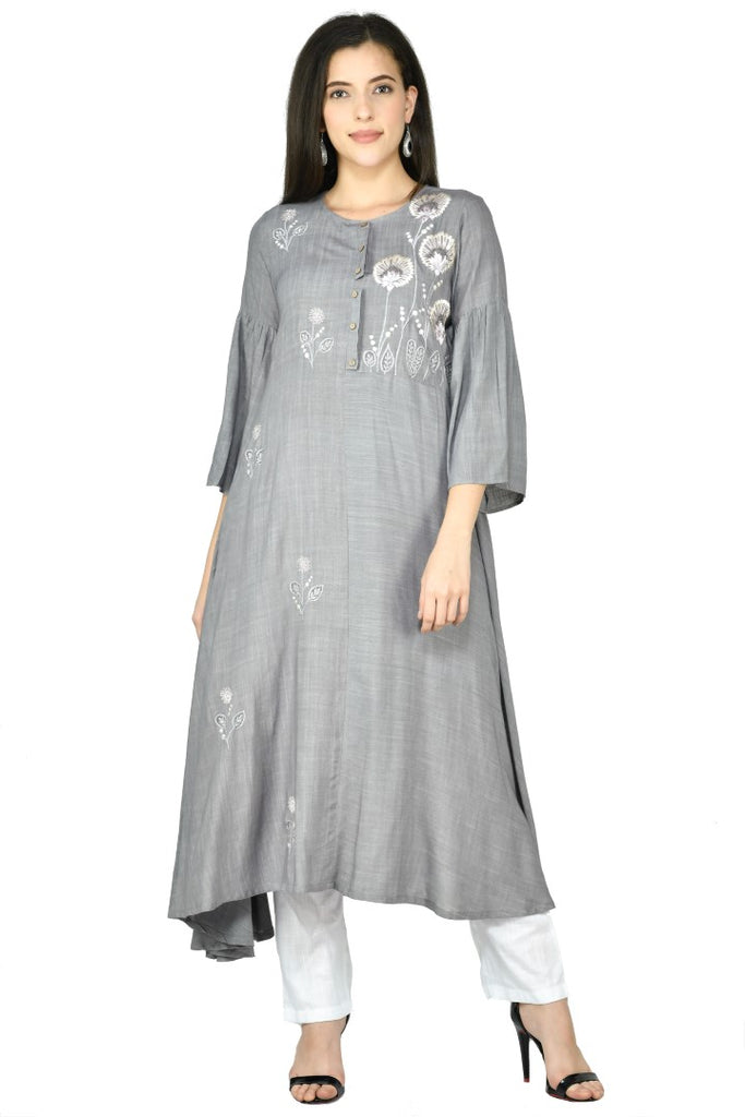 Women's Grey Cotton Rayon Embroidery Kurta Set