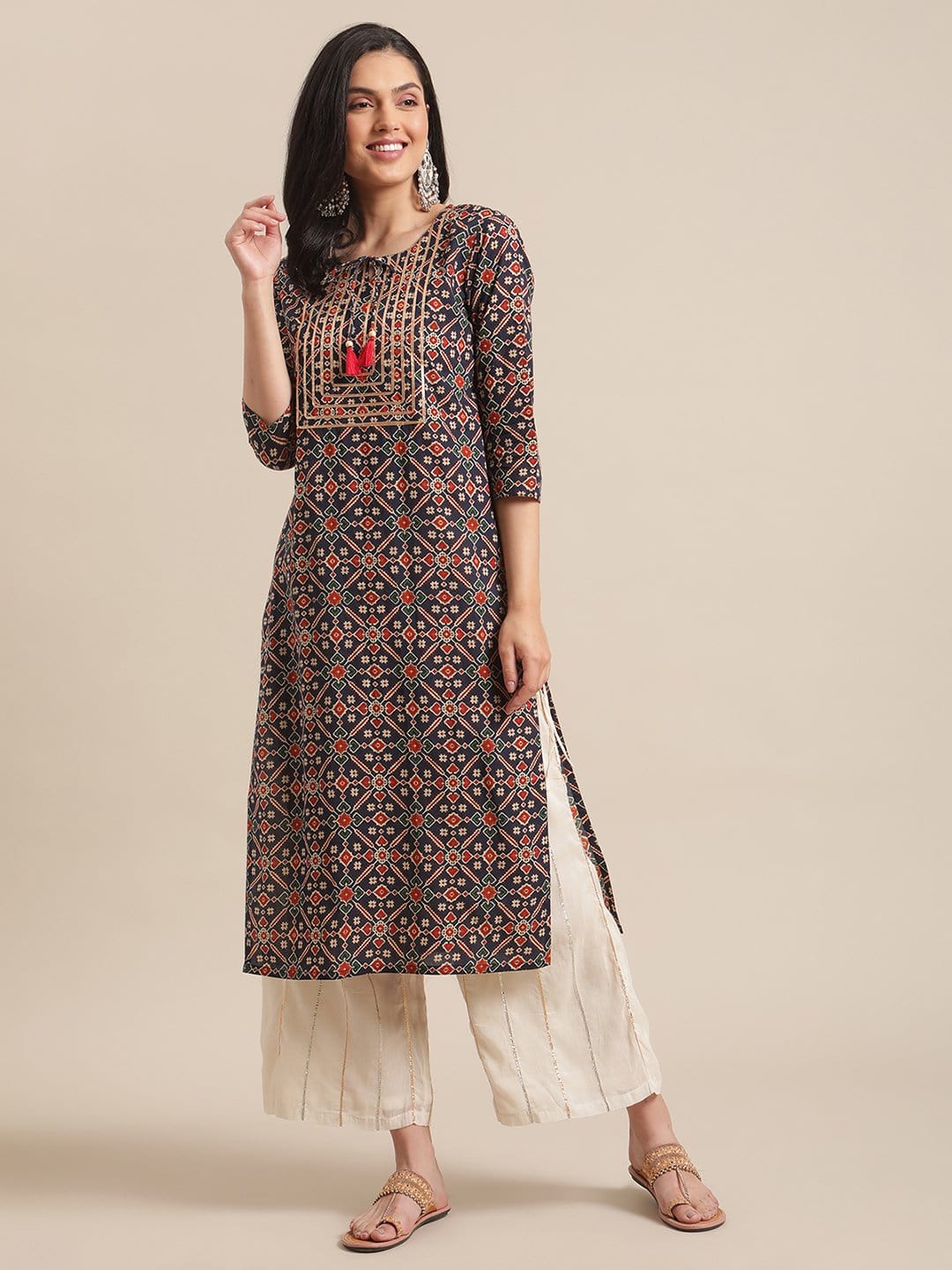Women's Blue And Maroon Abstract Printed Kurta With Gota Work On Yoke And 3/4Th Sleeves - Final Clearance Sale