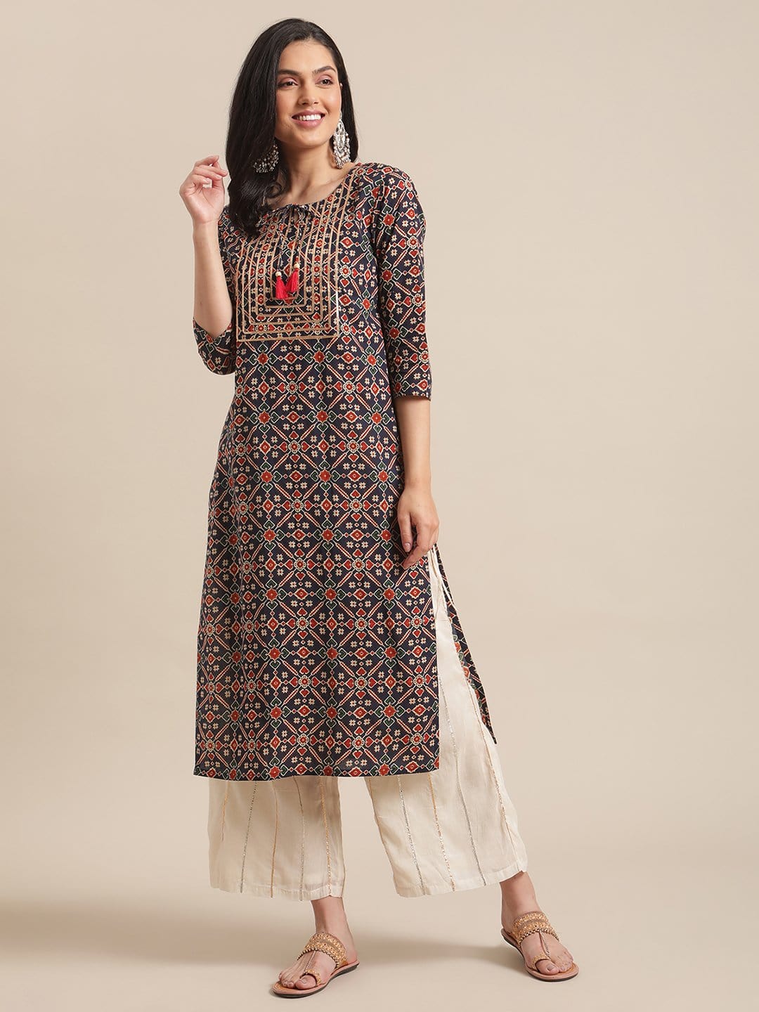 Women's Blue And Maroon Abstract Printed Kurta With Gota Work On Yoke And 3/4Th Sleeves
