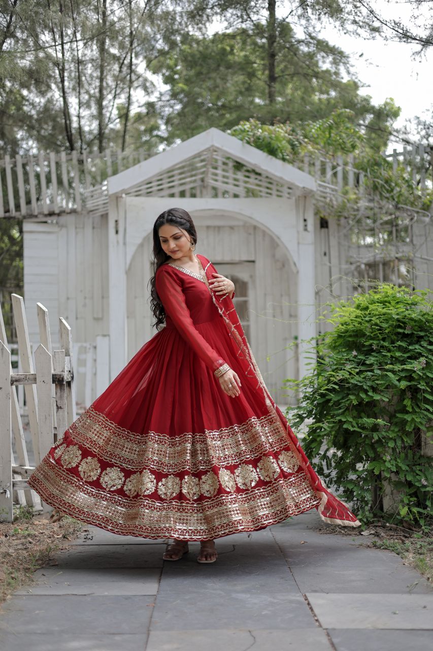Women's Marron Cotton Embroidery Anarkali Set