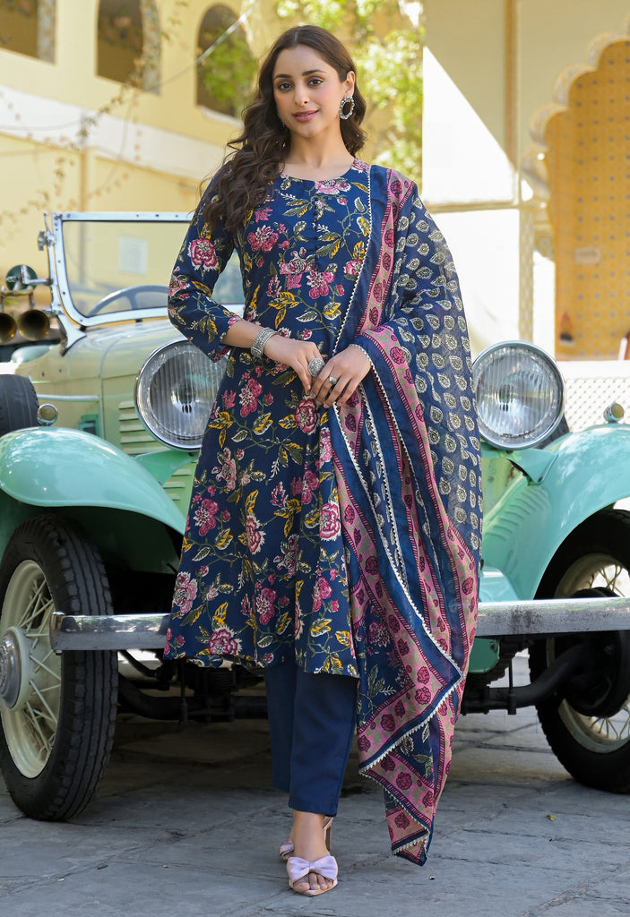 Women's Viscose Blue Anarkali Kurta And Pant Set With Dupatta