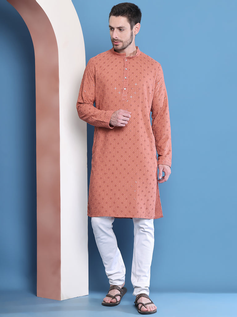 Men's  Peach Viscose Rayon Embroidered Kurta