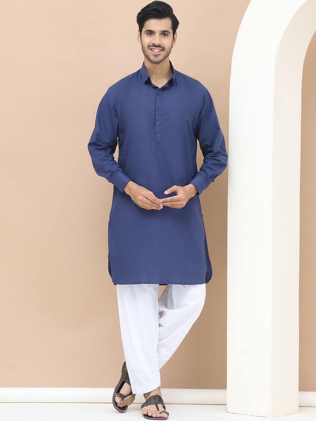 Men's  Blue Cotton Solid Kurta Set - Grage