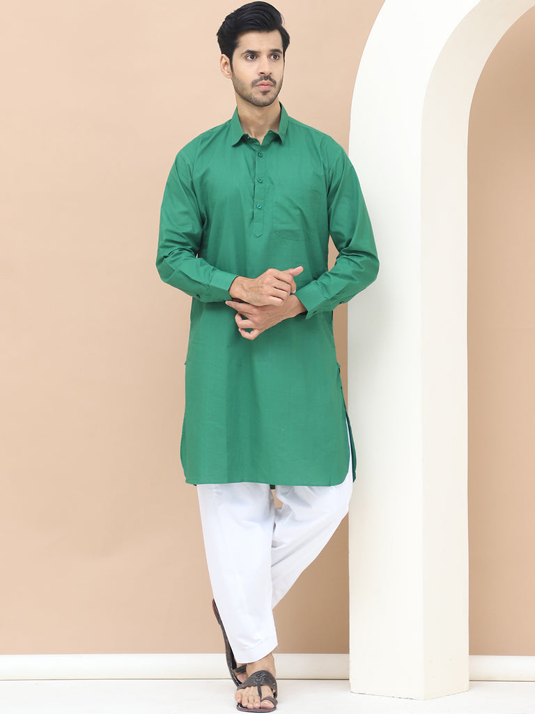 Men's  Green Cotton Solid Kurta Set