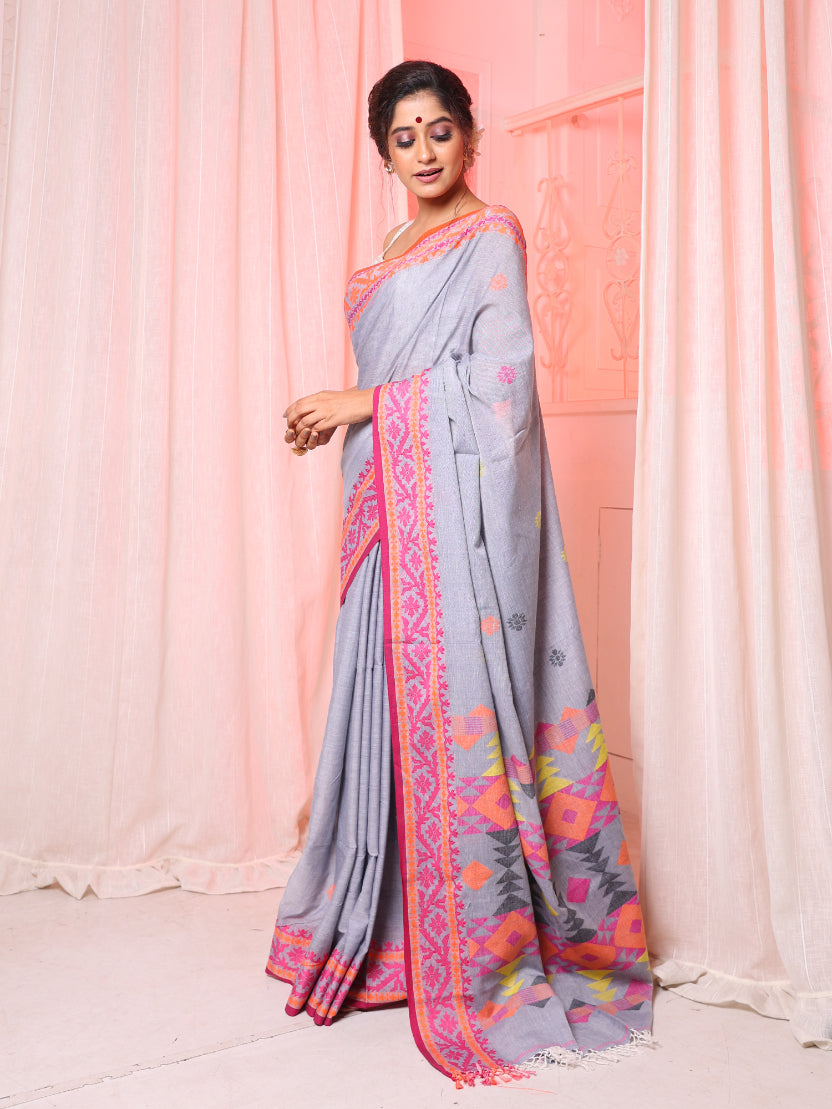 Women's Grey Pure Cotton Handwoven Saree With Texture Pattern Thread Work - In Weave Sarees