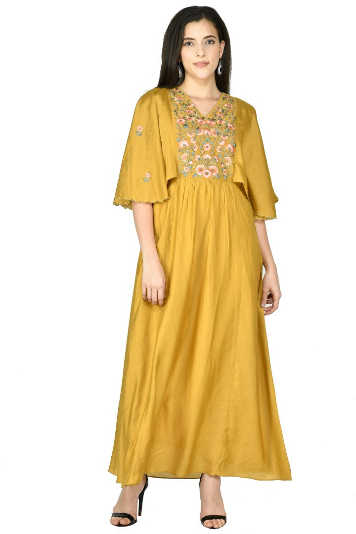 Women's Mustard Chanderi Embroidery Gown - Joban Fashion