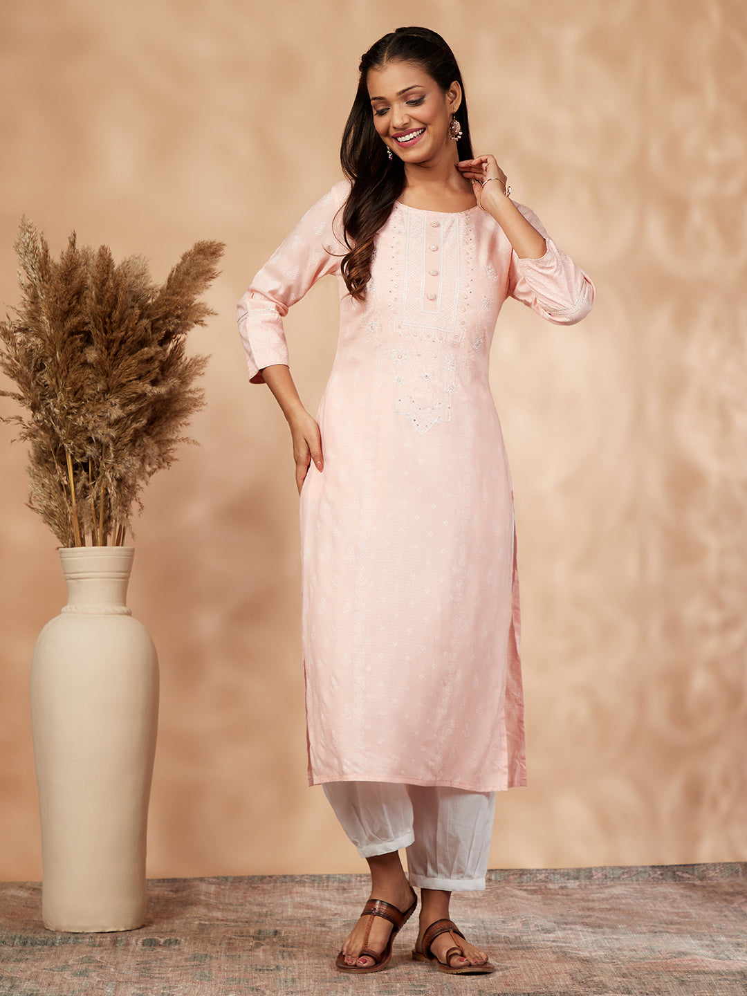 Women's Light Pink Printed Straight Kurta