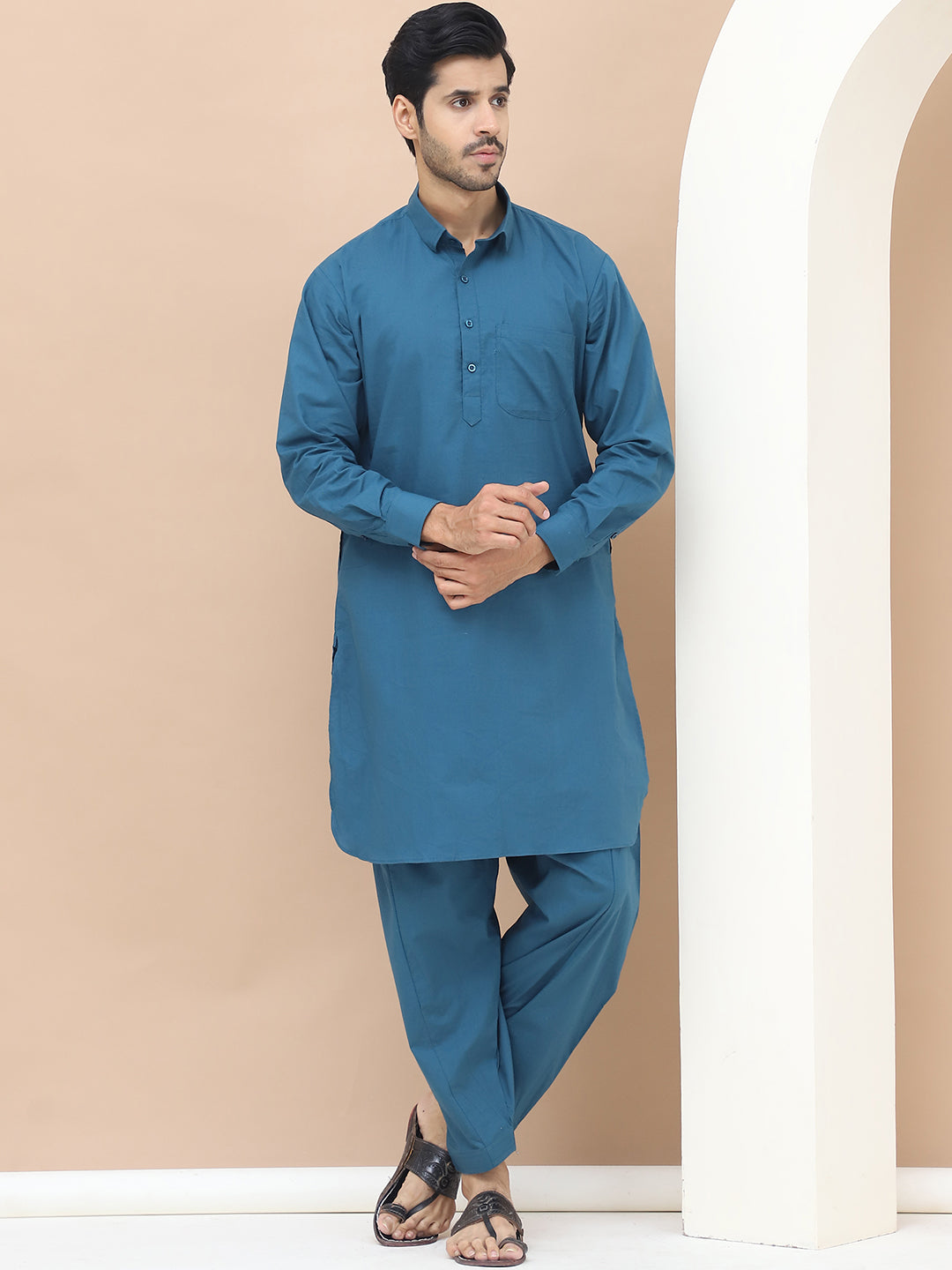 Men's  Teal Cotton Solid Kurta Set - Grage