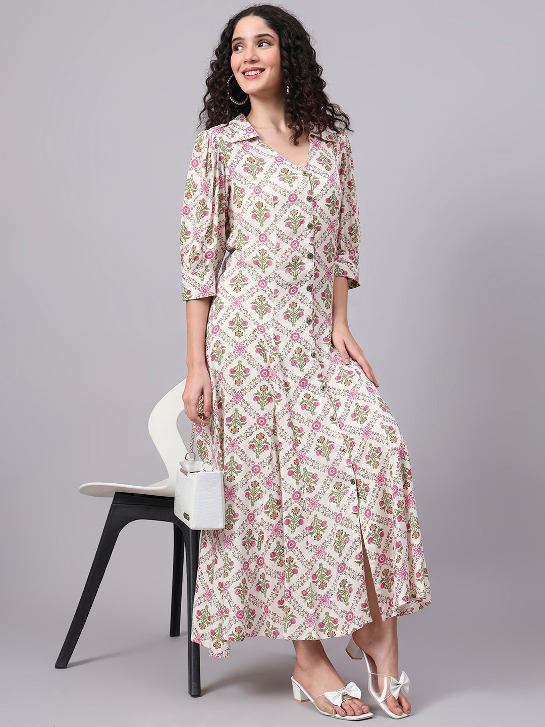 Women's Cream Color With Pink Flower Prints 3004
