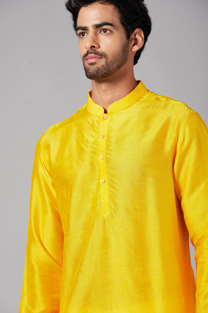 Men's Yellow Color Plain Kurta Falling Raw Silk