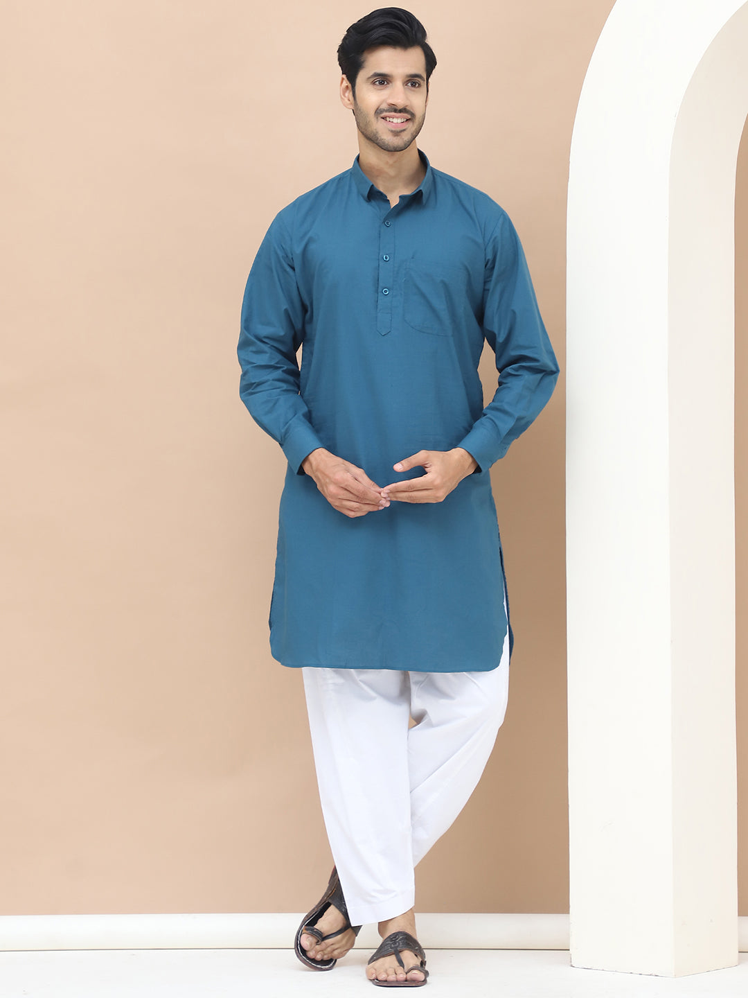 Men's  Teal Cotton Solid Kurta Set - Grage